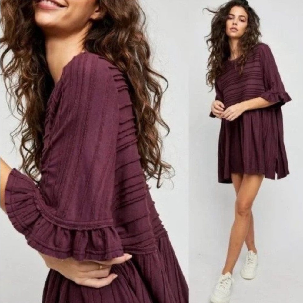 Free People Take A Spin Ruffle Sleeve Tunic Dress, Size Small, Eggplant color
